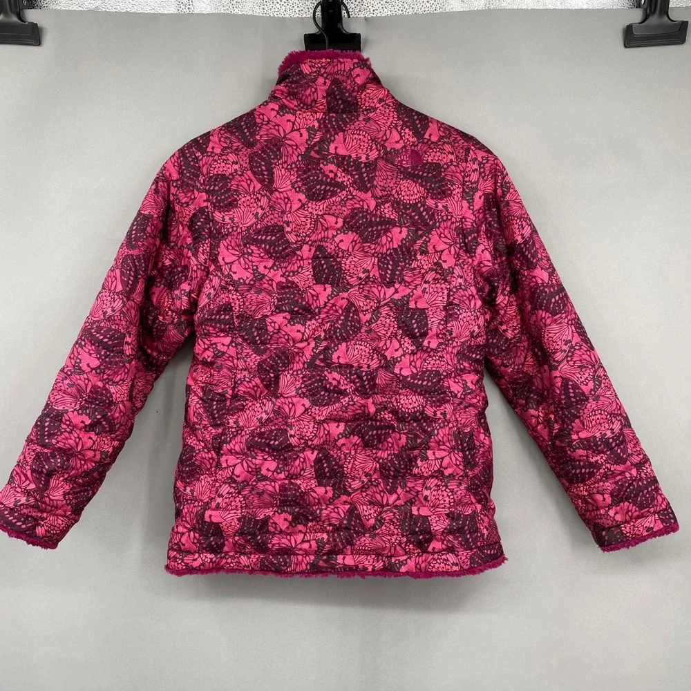 The North Face Reversible Mossbud Swirl Jacket Girls XL 18 Pink Butterfly Fleece